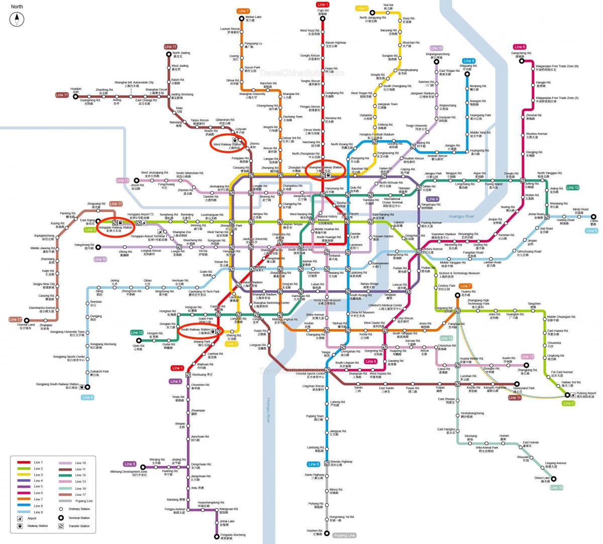Mapa de las estaciones de ferrocarril de Shangai