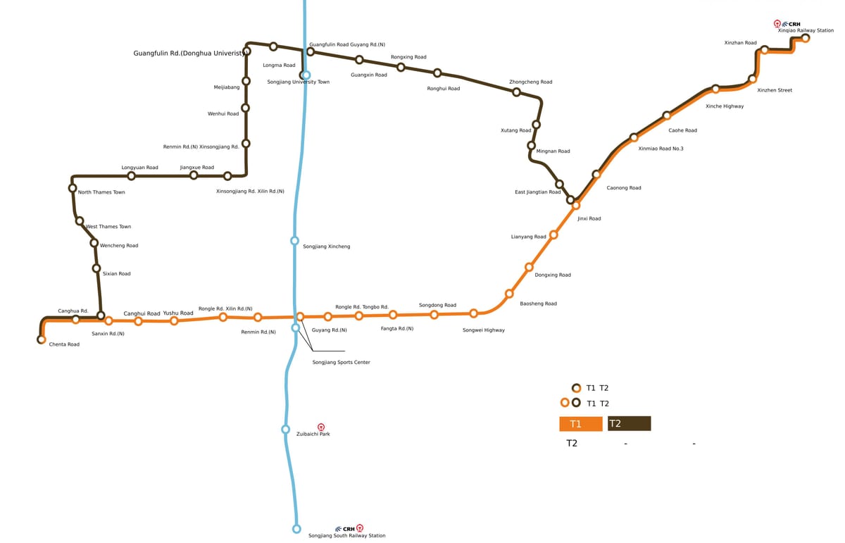Mapa de las estaciones de tranvía de Shanghai